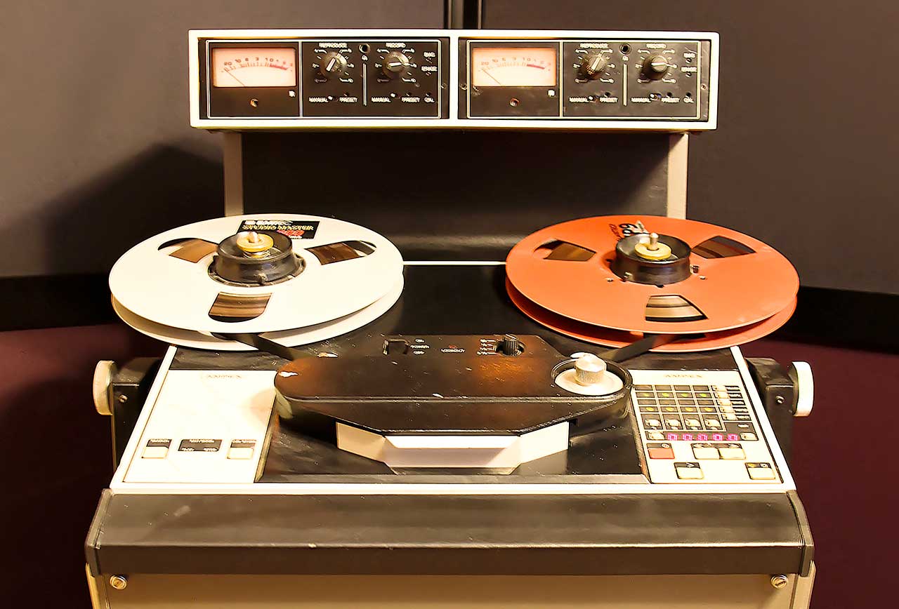 Close-up of our vintage Ampex ATR-102 1/2-inch analog tape deck with extended response mastering heads.
