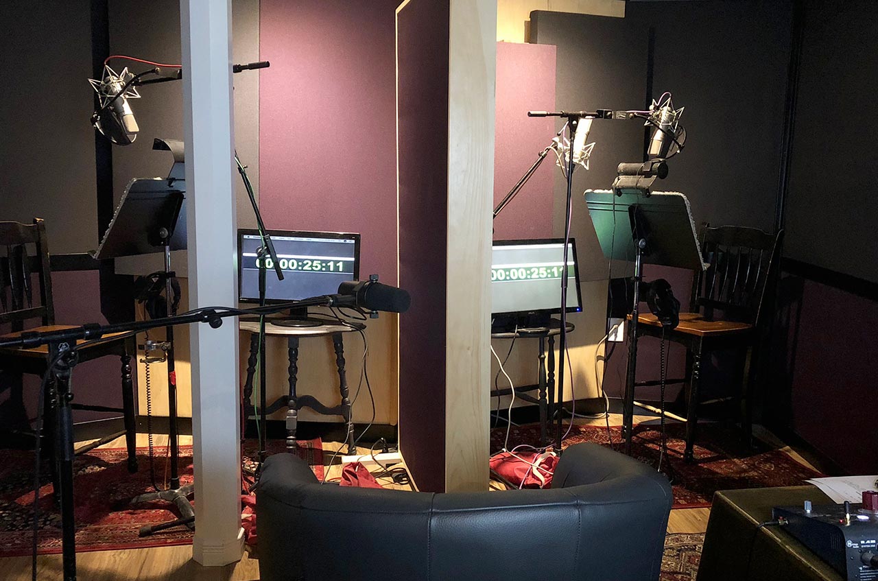 Setup for voiceover recording session with Martin Short and Catherine O'Hara.